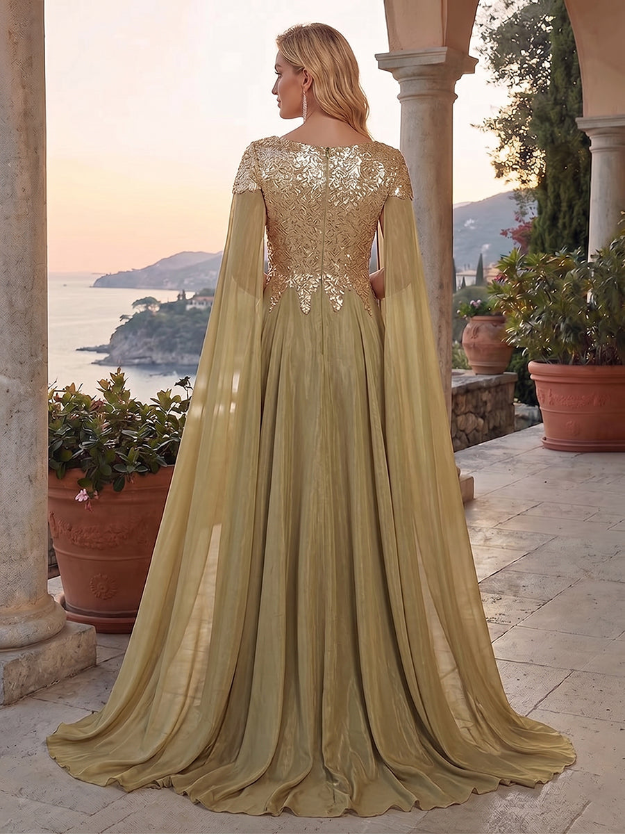 A-Line Metallic Satin Sheer Cape Sleeve Off Shoulder Evening Dresses Maxi Formal Party Gowns with Sweep Train & Sequin Embellished Bodice
