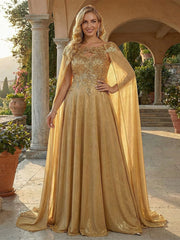 A-Line Metallic Satin Sheer Cape Sleeve Off Shoulder Evening Dresses Maxi Formal Party Gowns with Sweep Train & Sequin Embellished Bodice