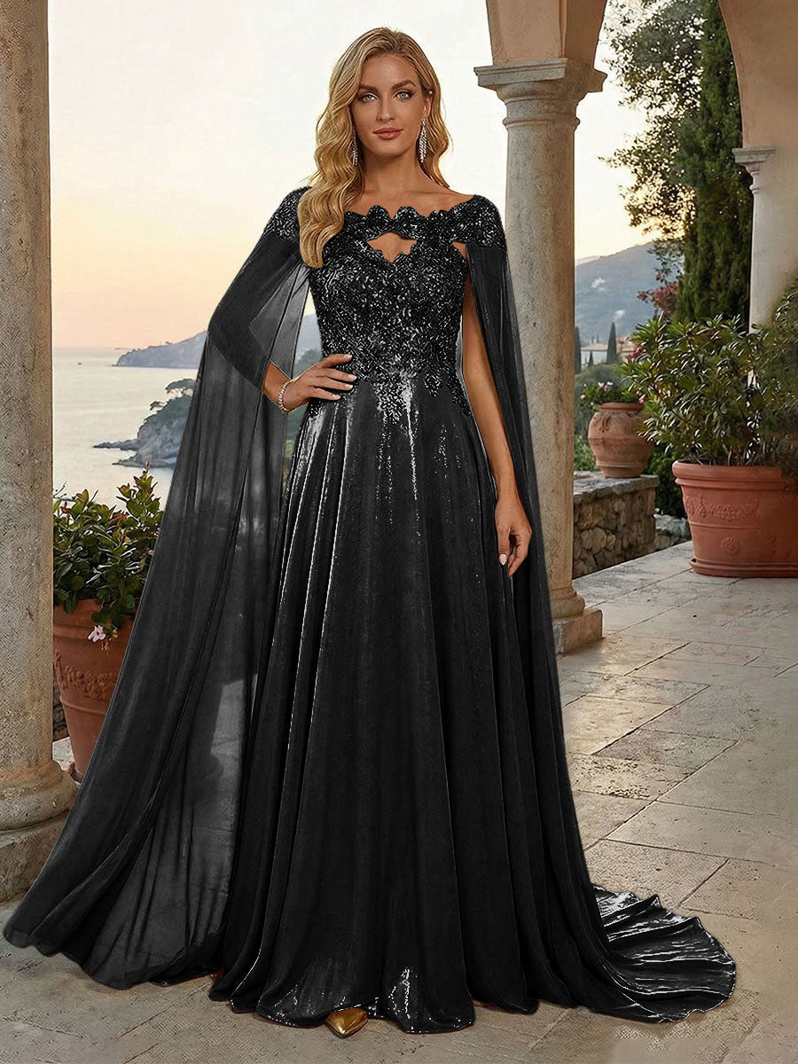 A-Line Metallic Satin Sheer Cape Sleeve Off Shoulder Evening Dresses Maxi Formal Party Gowns with Sweep Train & Sequin Embellished Bodice