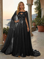 A-Line Metallic Satin Sheer Cape Sleeve Off Shoulder Evening Dresses Maxi Formal Party Gowns with Sweep Train & Sequin Embellished Bodice