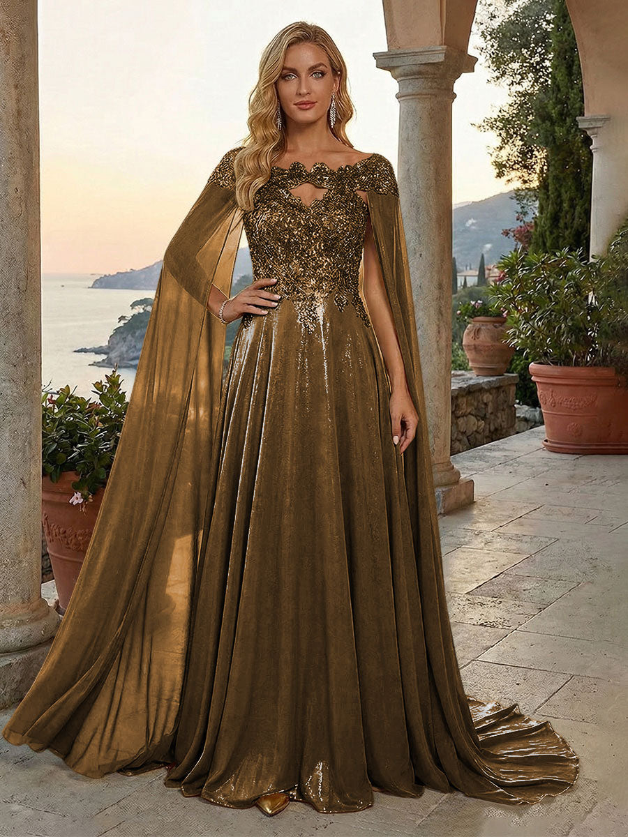 A-Line Metallic Satin Sheer Cape Sleeve Off Shoulder Evening Dresses Maxi Formal Party Gowns with Sweep Train & Sequin Embellished Bodice