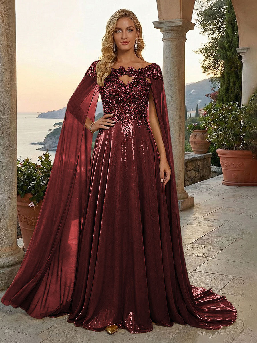 A-Line Metallic Satin Sheer Cape Sleeve Off Shoulder Evening Dresses Maxi Formal Party Gowns with Sweep Train & Sequin Embellished Bodice