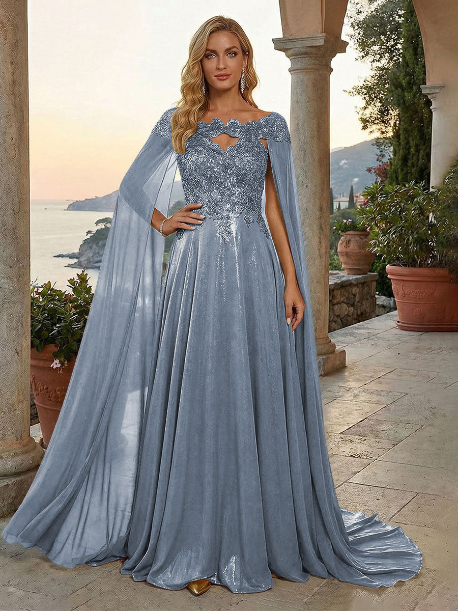 A-Line Metallic Satin Sheer Cape Sleeve Off Shoulder Evening Dresses Maxi Formal Party Gowns with Sweep Train & Sequin Embellished Bodice
