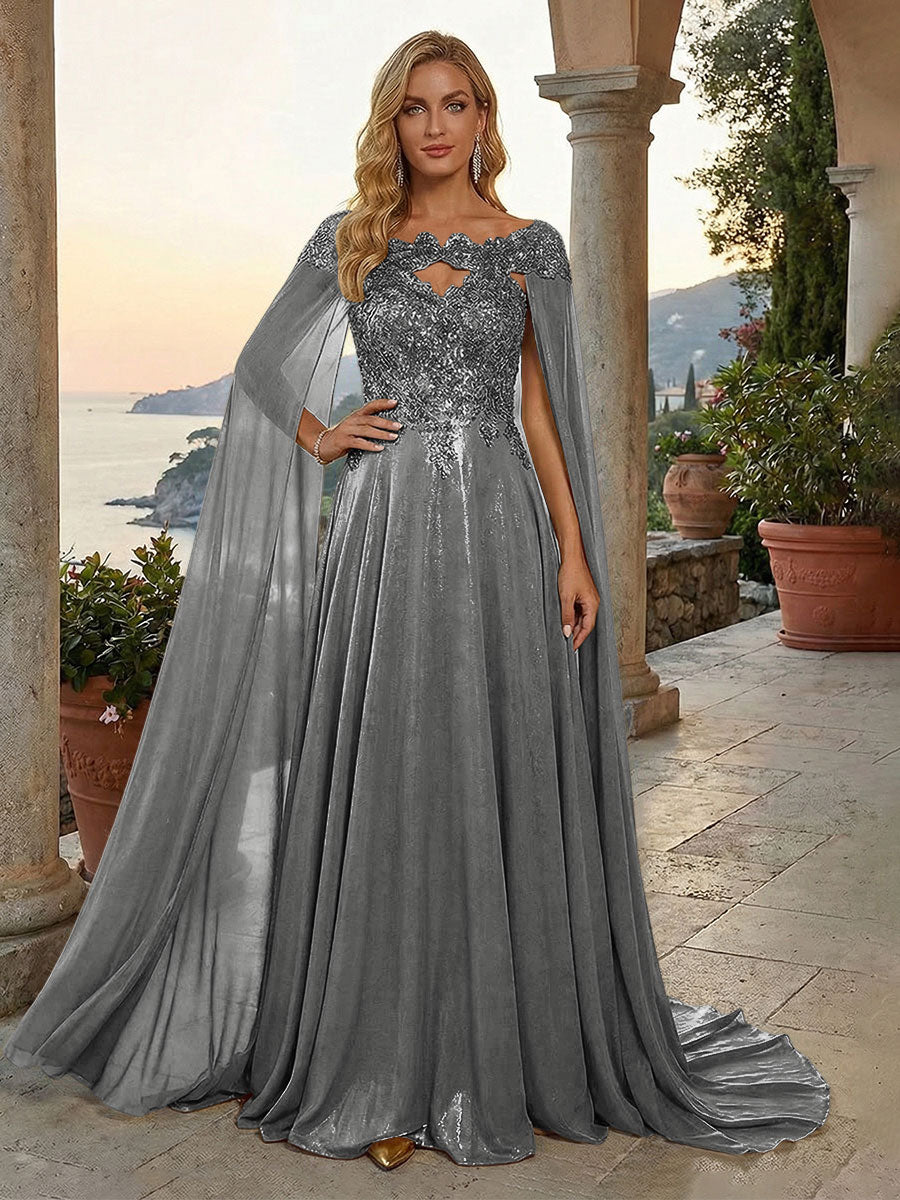 A-Line Metallic Satin Sheer Cape Sleeve Off Shoulder Evening Dresses Maxi Formal Party Gowns with Sweep Train & Sequin Embellished Bodice