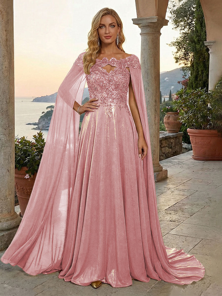 A-Line Metallic Satin Sheer Cape Sleeve Off Shoulder Evening Dresses Maxi Formal Party Gowns with Sweep Train & Sequin Embellished Bodice