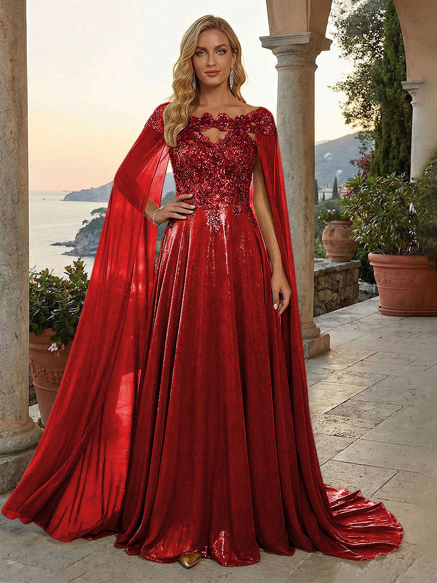 A-Line Metallic Satin Sheer Cape Sleeve Off Shoulder Evening Dresses Maxi Formal Party Gowns with Sweep Train & Sequin Embellished Bodice