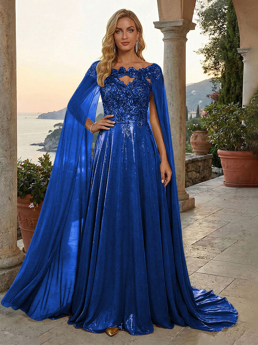A-Line Metallic Satin Sheer Cape Sleeve Off Shoulder Evening Dresses Maxi Formal Party Gowns with Sweep Train & Sequin Embellished Bodice
