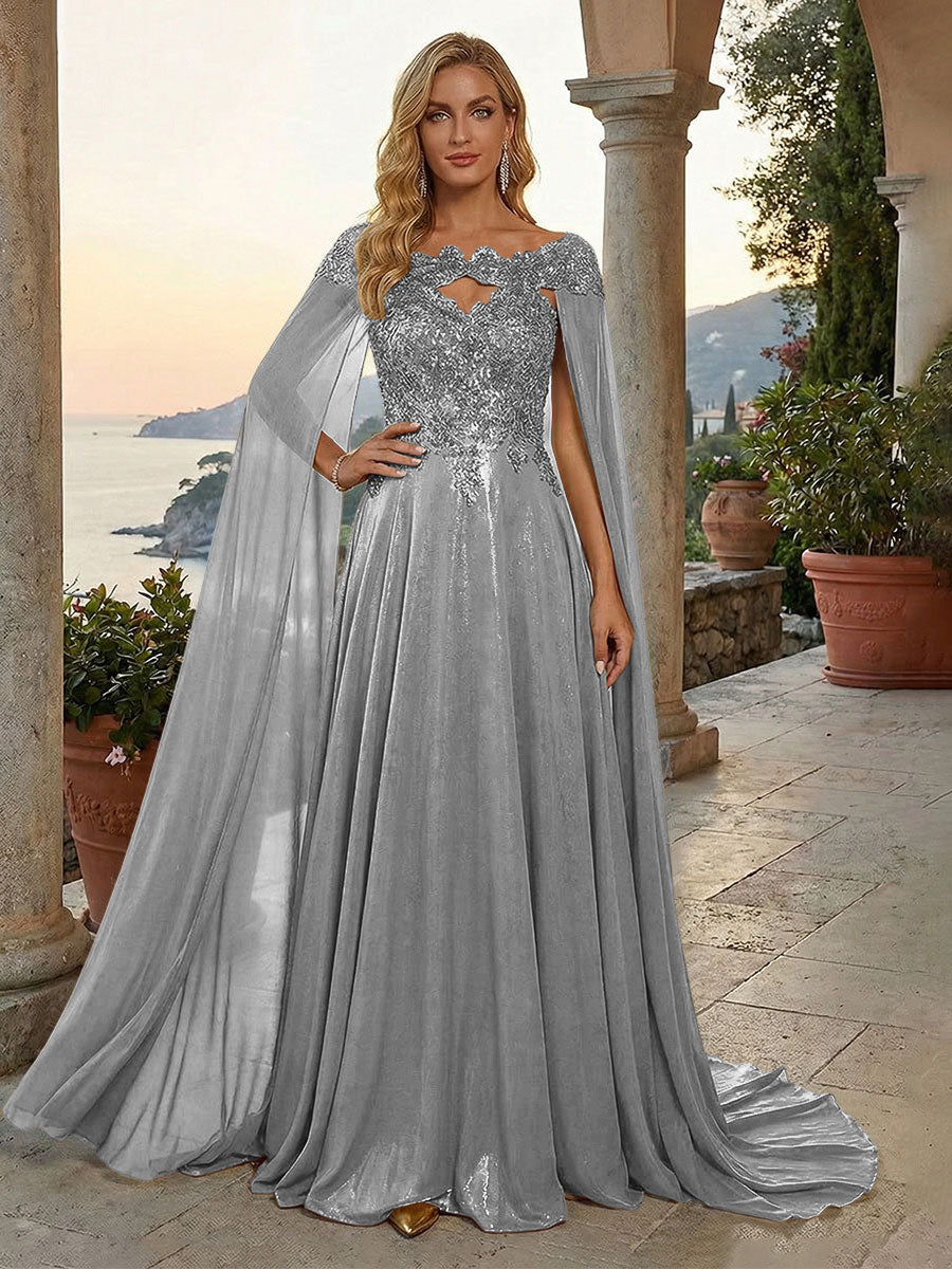 A-Line Metallic Satin Sheer Cape Sleeve Off Shoulder Evening Dresses Maxi Formal Party Gowns with Sweep Train & Sequin Embellished Bodice