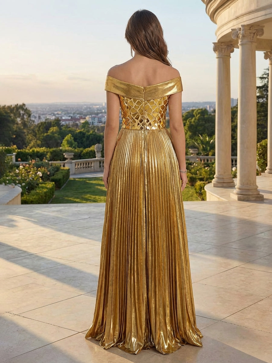 A-Line Pleated Metallic Satin Off Shoulder Evening Dresses Maxi Formal Party Gowns with Ruffled High Slit