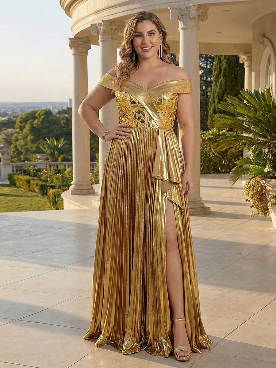 A-Line Pleated Metallic Satin Off Shoulder Evening Dresses Maxi Formal Party Gowns with Ruffled High Slit