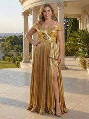A-Line Pleated Metallic Satin Off Shoulder Evening Dresses Maxi Formal Party Gowns with Ruffled High Slit