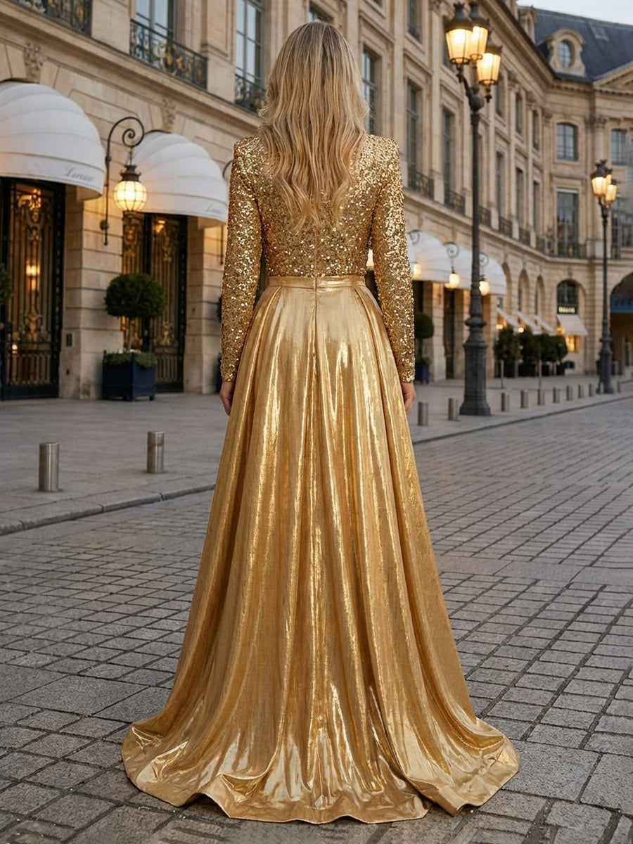 A-Line/Princess Metallic Satin Long Sleeves Evening Dresses Deep V-Neck Maxi Formal Ball Gowns with Sequin Bodice, High Slit & Sweep Train