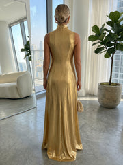 A-Line Metallic High Neck Maxi Evening Dresses with 3D Floral Appliques