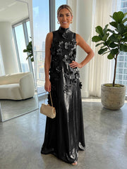 A-Line Metallic High Neck Maxi Evening Dresses with 3D Floral Appliques