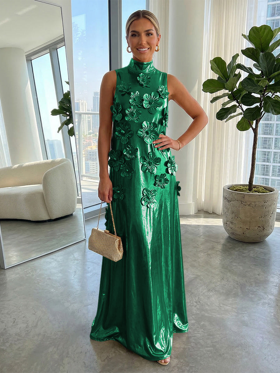 A-Line Metallic High Neck Maxi Evening Dresses with 3D Floral Appliques