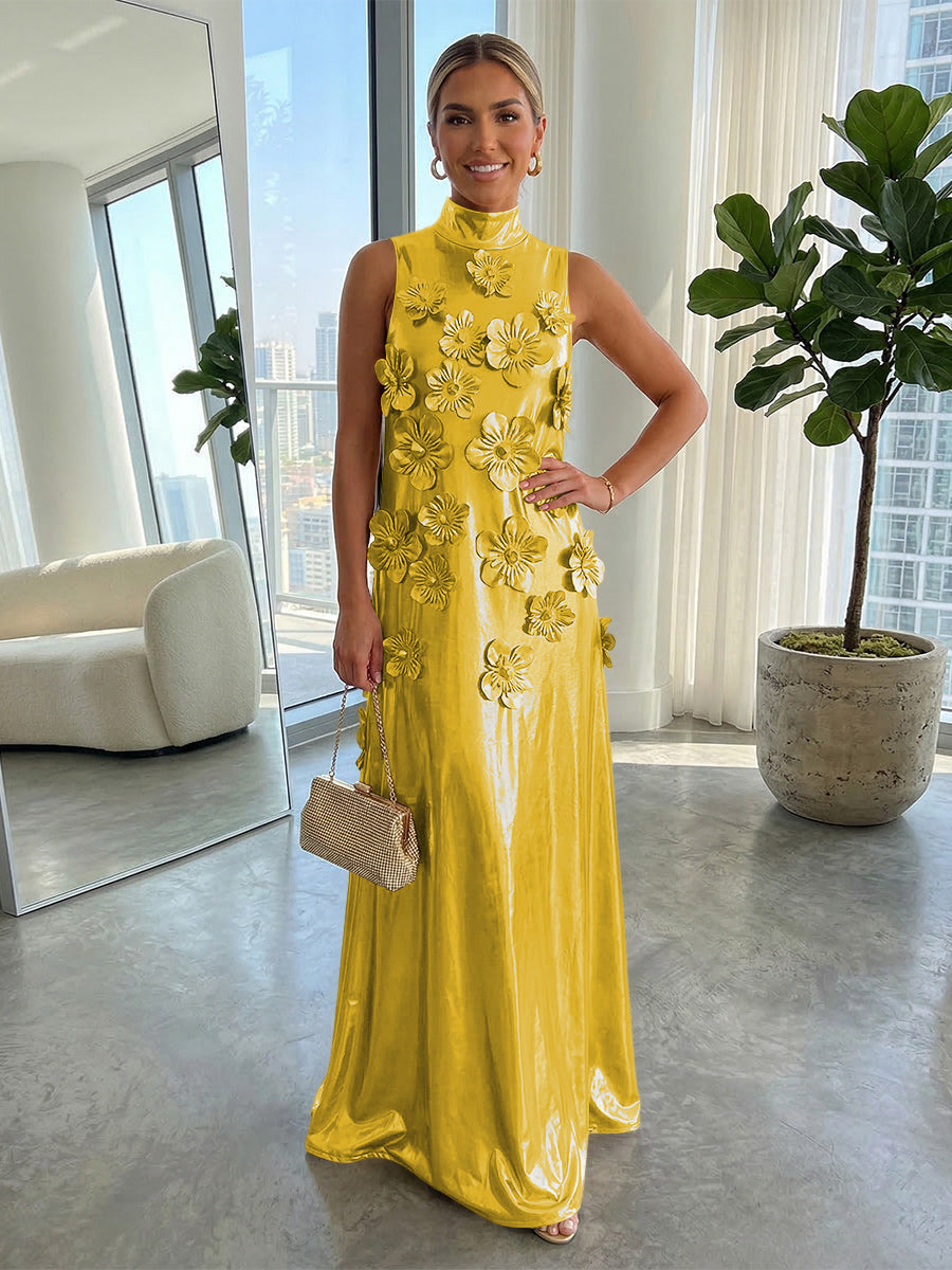 A-Line Metallic High Neck Maxi Evening Dresses with 3D Floral Appliques