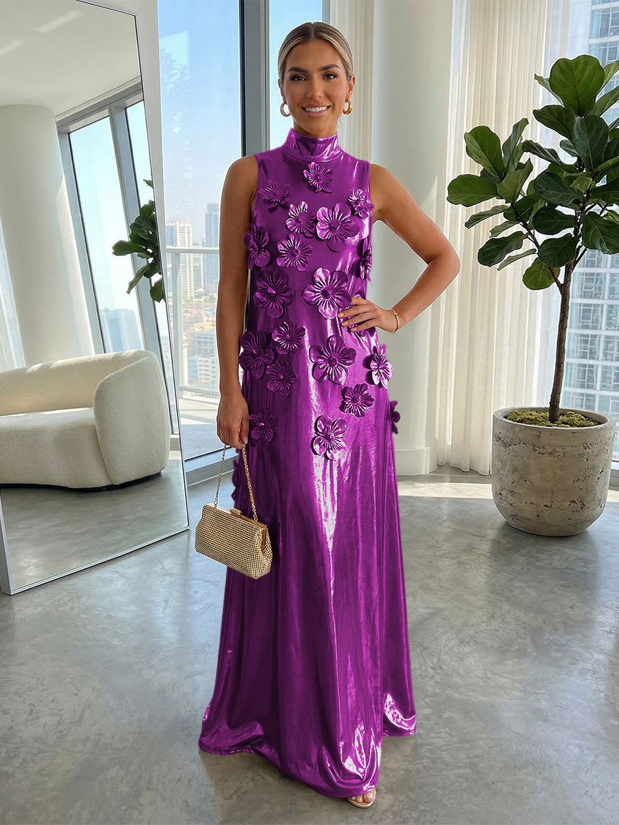 A-Line Metallic High Neck Maxi Evening Dresses with 3D Floral Appliques