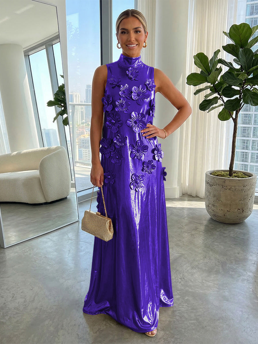 A-Line Metallic High Neck Maxi Evening Dresses with 3D Floral Appliques