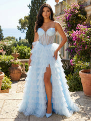 A-Line Tulle Tiered Spaghetti Straps Maxi Evening Dresses with Slit