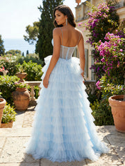 A-Line Tulle Tiered Spaghetti Straps Maxi Evening Dresses with Slit