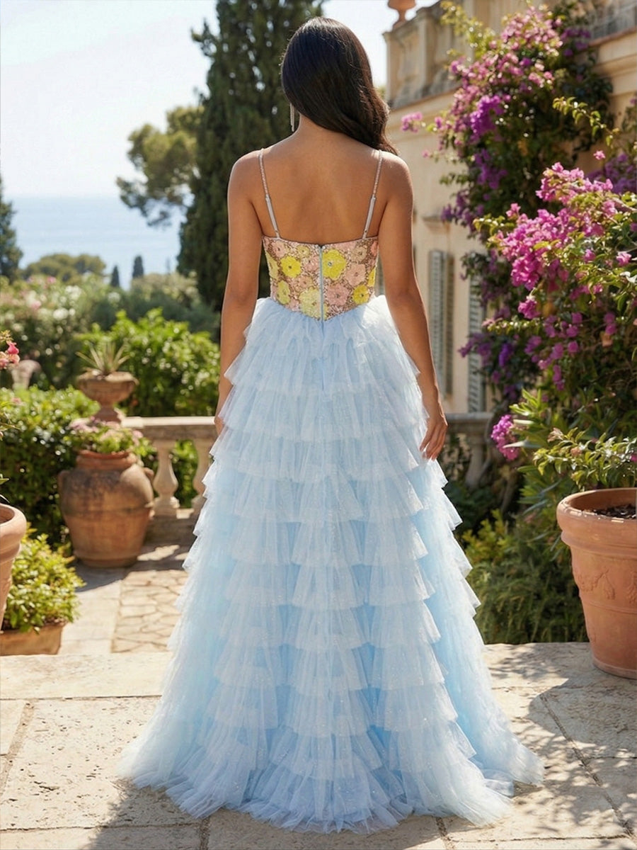 A-Line Tulle Tiered Spaghetti Straps Maxi Evening Dresses with  Floral Embroidered Lace Bodice