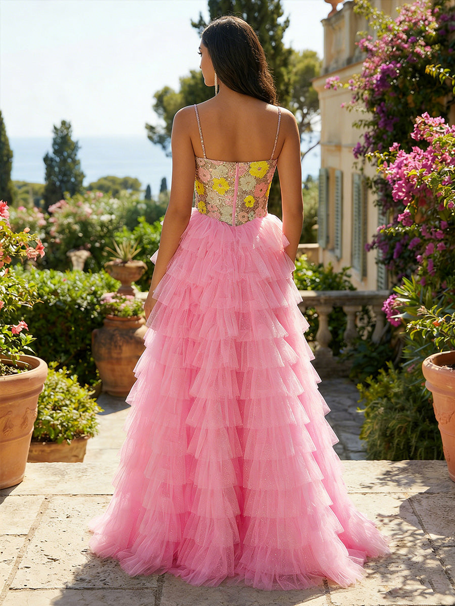 A-Line Tulle Tiered Spaghetti Straps Maxi Evening Dresses with  Floral Embroidered Lace Bodice