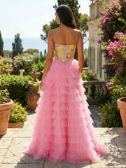 A-Line Tulle Tiered Spaghetti Straps Maxi Evening Dresses with  Floral Embroidered Lace Bodice