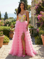 A-Line Tulle Tiered Spaghetti Straps Maxi Evening Dresses with  Floral Embroidered Lace Bodice