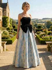 A-Line Jacquard Strapless Sweetheart Maxi Evening Dresses with Bow