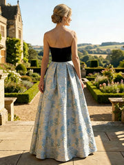 A-Line Jacquard Strapless Sweetheart Maxi Evening Dresses with Bow