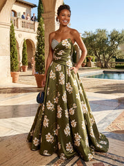 A-Line Floral Print Strapless Sweetheart Satin Evening Dresses with Sweep Train