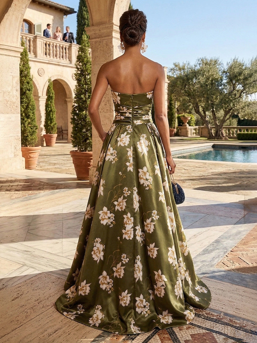 A-Line Floral Print Strapless Sweetheart Satin Evening Dresses with Sweep Train