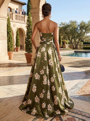 A-Line Floral Print Strapless Sweetheart Satin Evening Dresses with Sweep Train