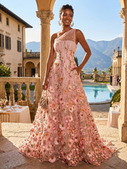 A-Line One Shoulder Floral Appliques Evening Dresses with Sweep Train