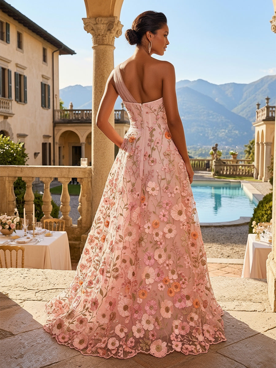 A-Line One Shoulder Floral Appliques Evening Dresses with Sweep Train