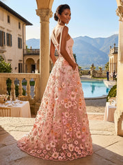 A-Line One Shoulder Floral Appliques Evening Dresses with Sweep Train