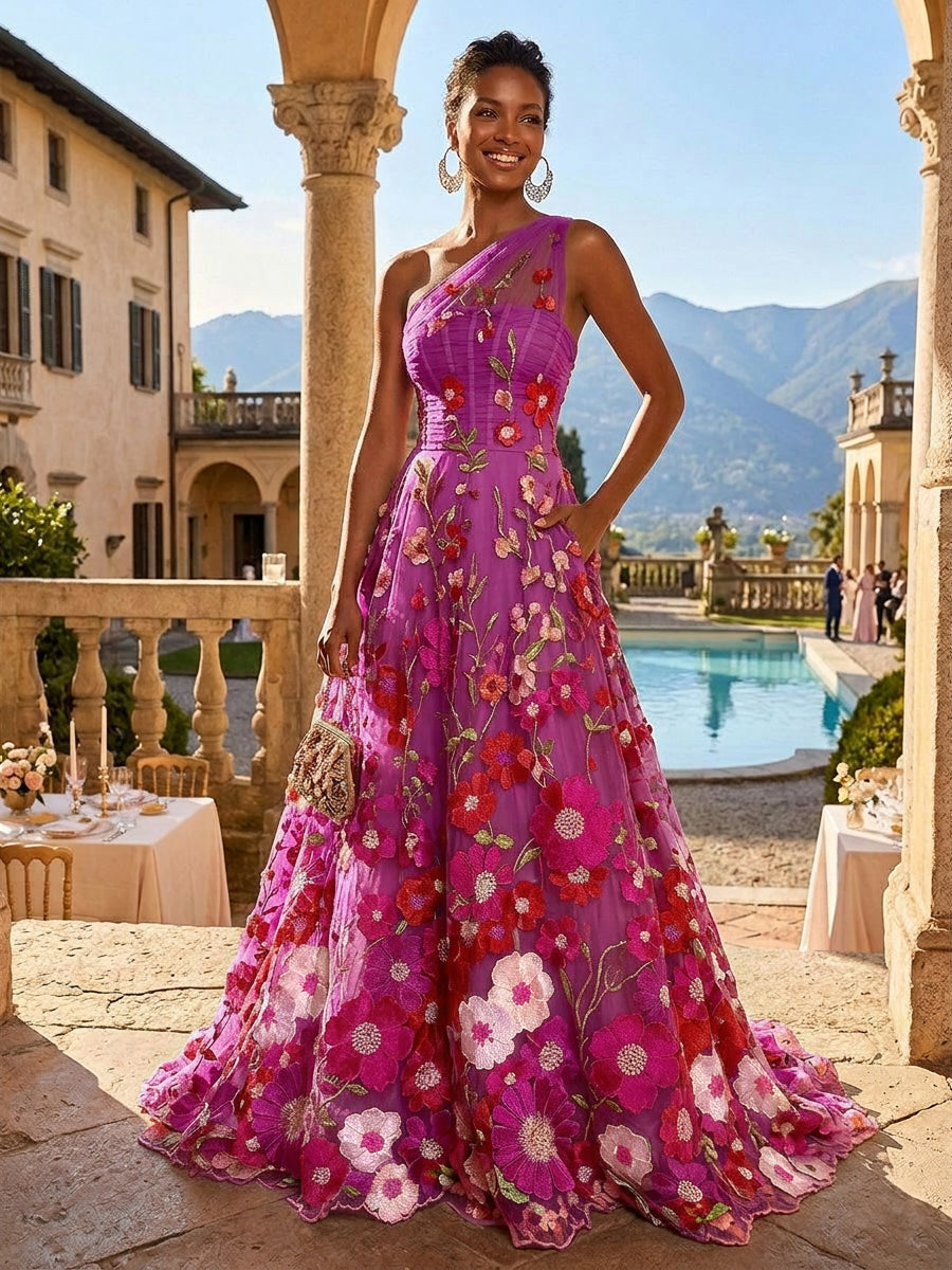 A-Line One Shoulder Floral Appliques Evening Dresses with Sweep Train
