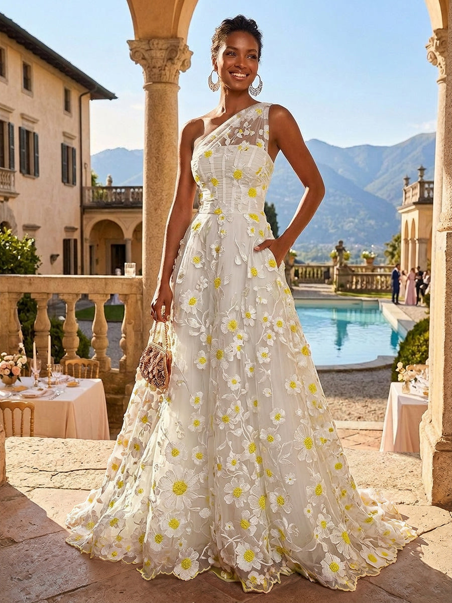 A-Line One Shoulder Floral Appliques Evening Dresses with Sweep Train