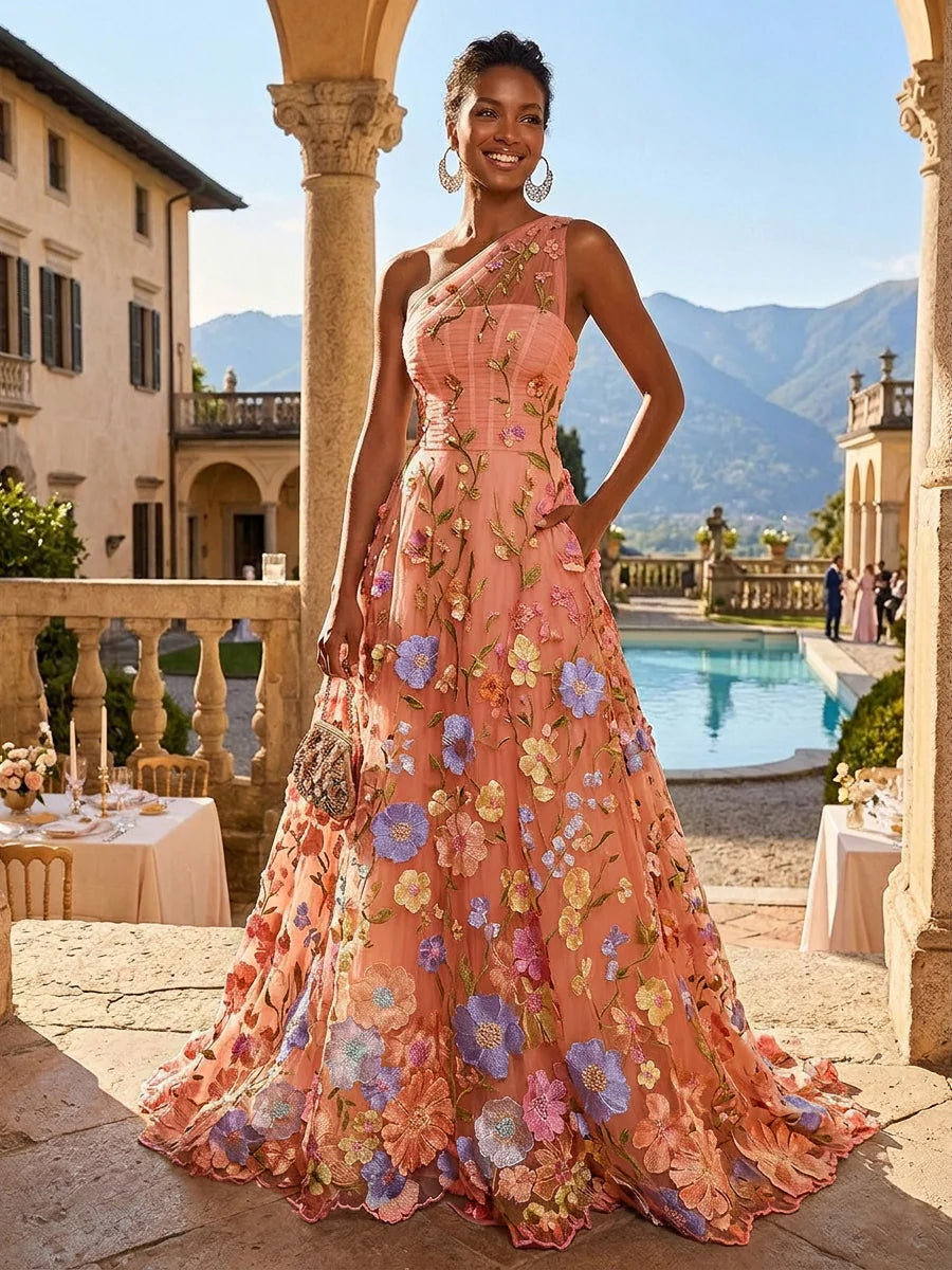 A-Line One Shoulder Floral Appliques Evening Dresses with Sweep Train