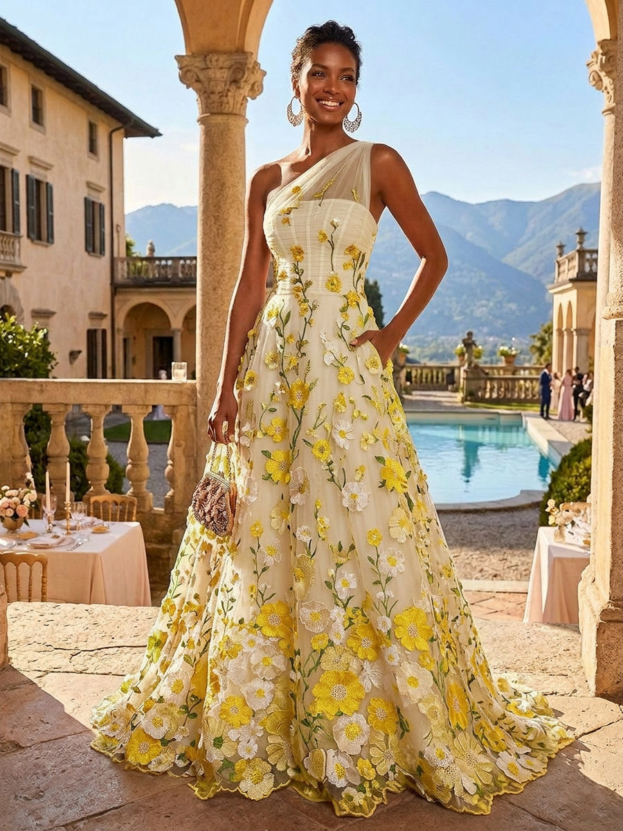 A-Line One Shoulder Floral Appliques Evening Dresses with Sweep Train