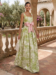 A-Line Square Neck Jacquard Floor-Length Evening Dresses with Bow