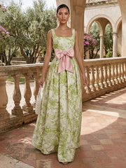 A-Line Square Neck Jacquard Floor-Length Evening Dresses with Bow