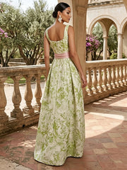 A-Line Square Neck Jacquard Floor-Length Evening Dresses with Bow
