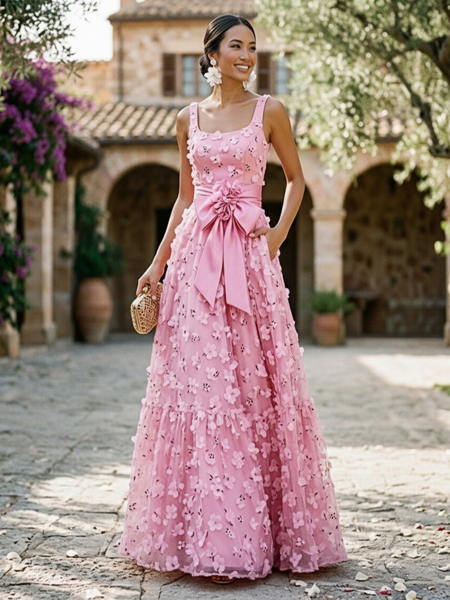 A-Line Square Neck Floor-Length Evening Dresses with 3D Flower