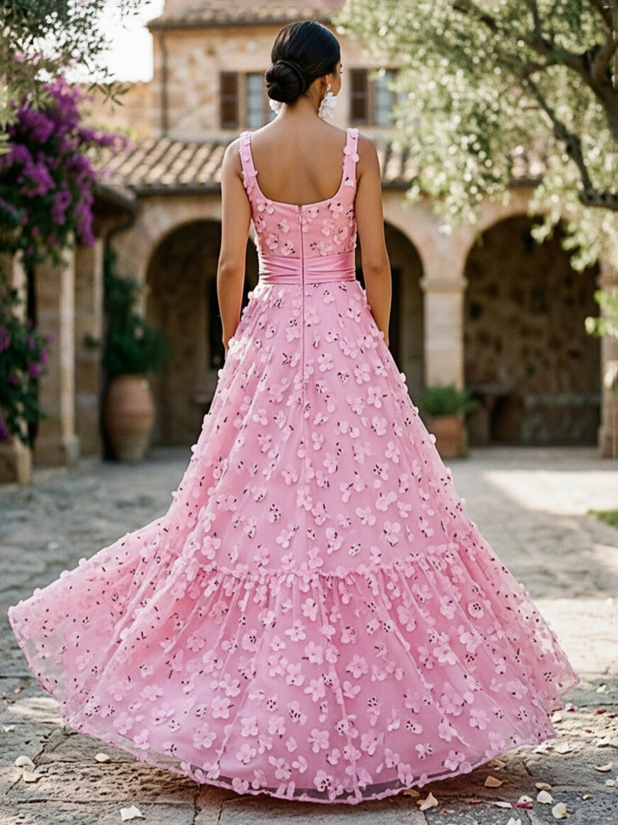 A-Line Square Neck Floor-Length Evening Dresses with 3D Flower