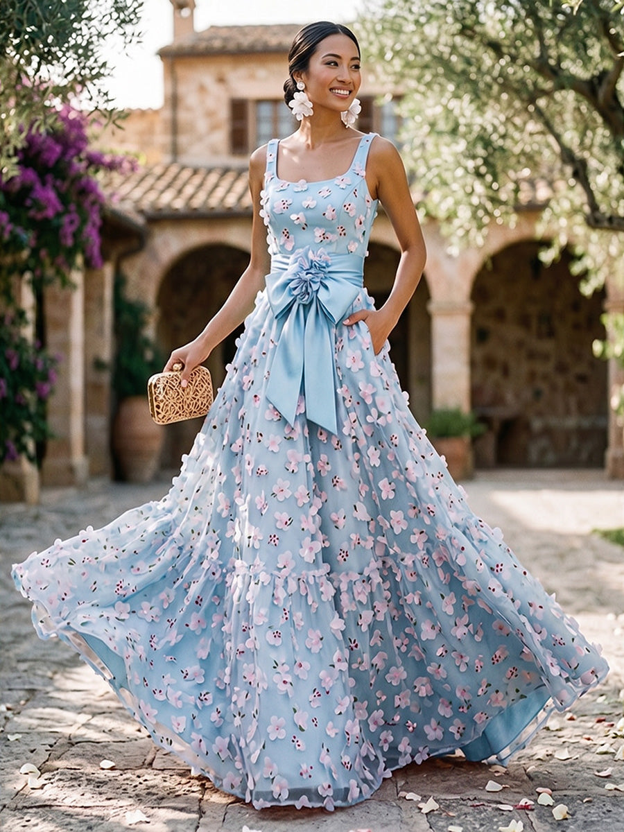 A-Line Square Neck Floor-Length Evening Dresses with 3D Flower