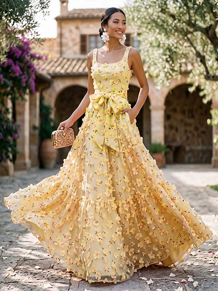 A-Line Square Neck Floor-Length Evening Dresses with 3D Flower