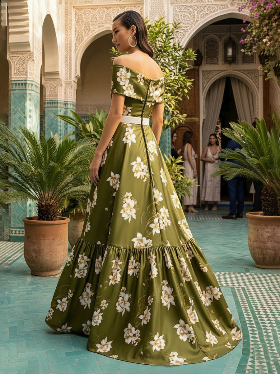 A-Line Floral Print Satin Off Shoulder Evening Dresses with Rhinestone Waist