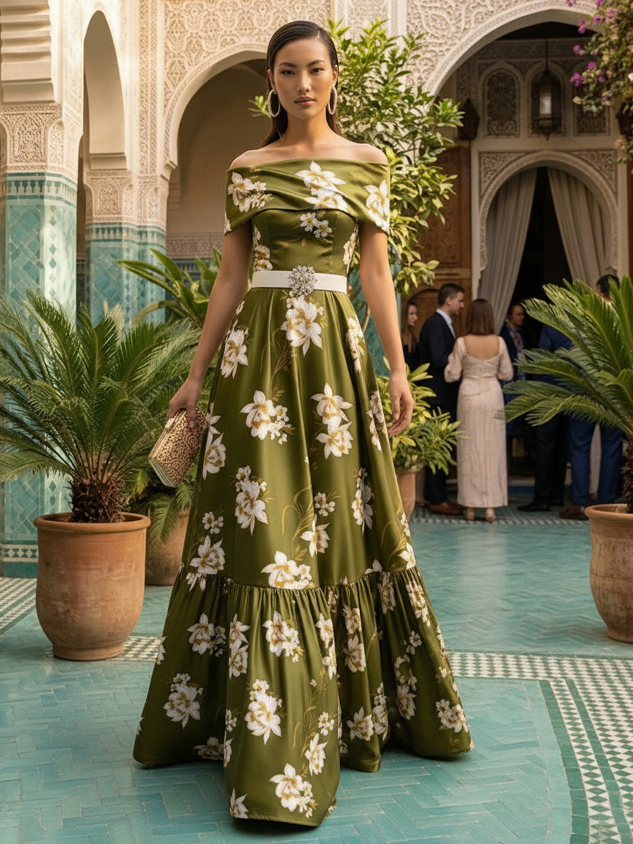 A-Line Floral Print Satin Off Shoulder Evening Dresses with Rhinestone Waist