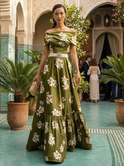 A-Line Floral Print Satin Off Shoulder Evening Dresses with Rhinestone Waist